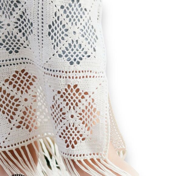 Ivory Crochet Medallion Crochet Tassel Trim Beach Cover Midi Dress -NEW - Picture 4 of 4